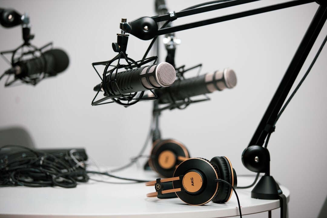 Video podcast set with microphones, cameras and acoustic panels