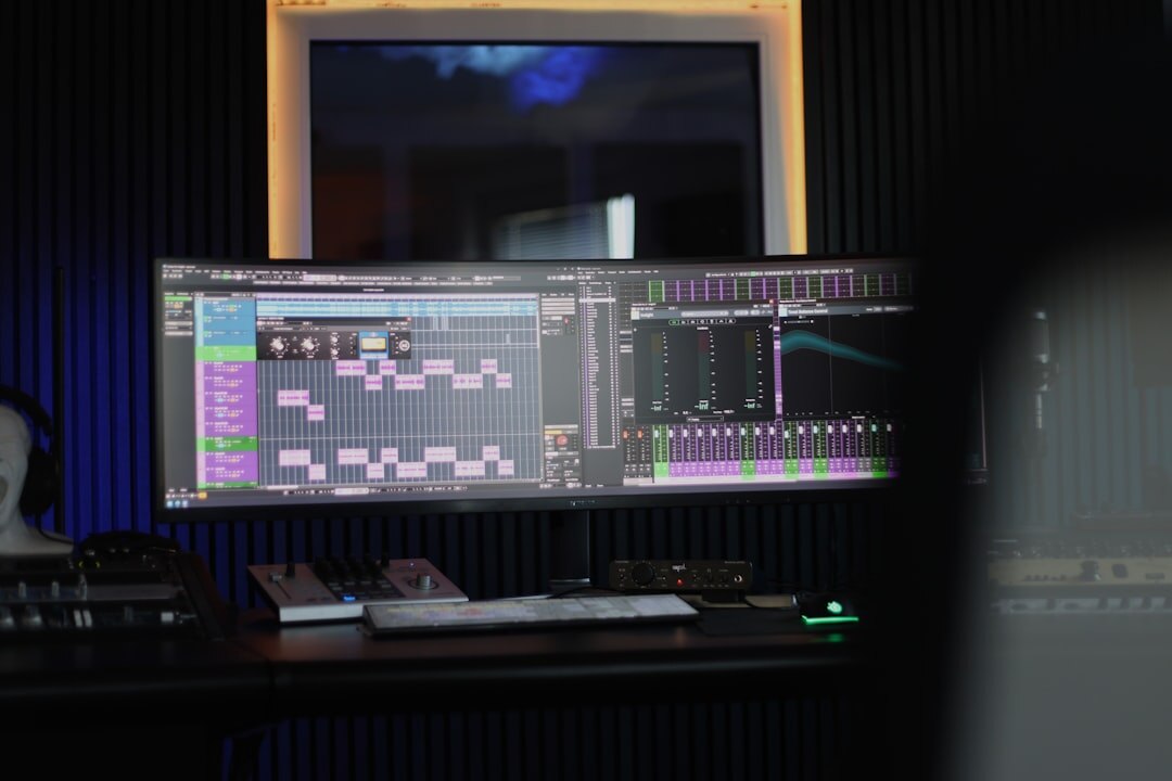 Post production editing room with multiple color grading monitors
